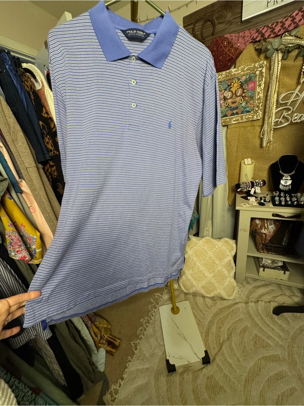 Ralph Lauren Light Blue Striped Polo with Solid Blue Collar